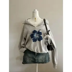 American Retro Floral Print Half-Zip Sweatshirt Hoodie, Short Waist Design, Casual Loose-Fitting, Fall & Winter Fashion, Sweet Cool Girl Vibe StyleRAIMENTRY