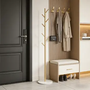 Modern Golden Metal Coat Rack - Freestanding Multi-Purpose Suit Stand with Hooks for Bedroom Clothing and Accessory Storage, Sleek Minimalist Design - Keep Your Bedroom Organized