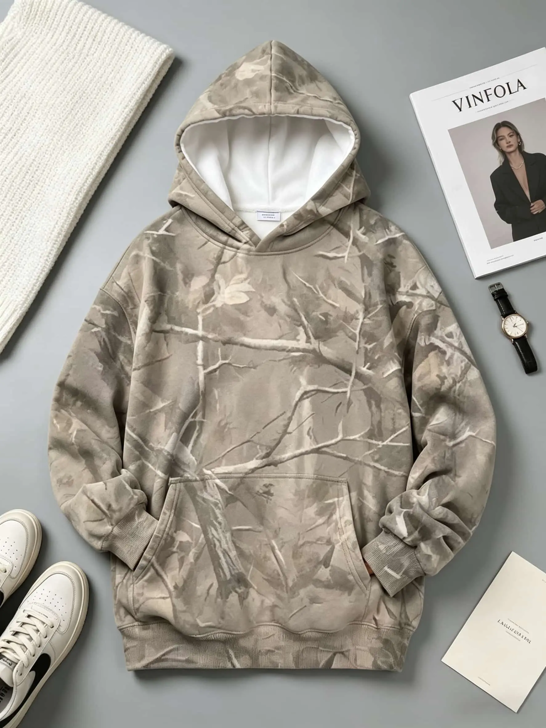 Women's Fall Winter Vintage Fashion Long Sleeve Hoodie, Camo Leaf Branch All over Print, Thick Casual Loose Fit Pullover Sweatshirt