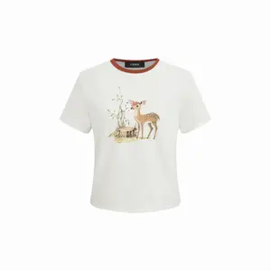 Cider Cotton-blend Round Neckline Deer Graphic Contrasting Binding Short Sleeve Tee