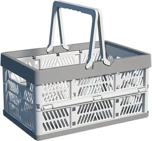 20L Plastic Collapsible Storage Crate - Foldable Handle Crate Storage Basket Bin - White & Gray M Household Kitchen