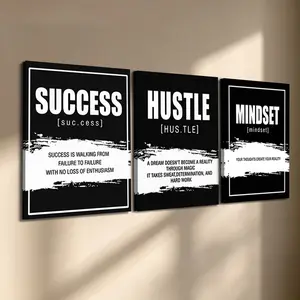 3 Pcs/Set Wooden-Framed Canvas Painting, "Success, Hustle & Mindset" Motivational Quote Triptych Canvas Wall Art, Black & White Print for Living Room, Bedroom, Office Decoration, Modern Home Decor, Fashion Artistic Ornaments, Artwork