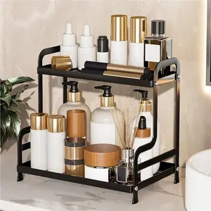 2-Tier Metal Organizer Shelf for Bathroom & Kitchen - Heavy Duty Countertop Storage, Perfumeorganizer,Under Sink Cosmetic & Spice Organizer with Non-Slip Base, Easy Assembly,Black
