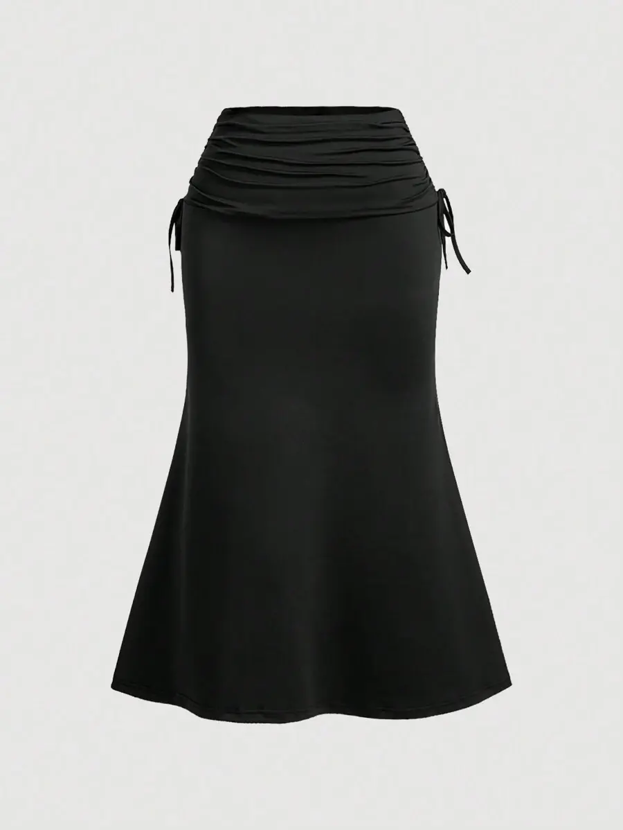 Kallé x  MOD Summer Plus Size High Waist Side Drawstring Waist Pleated Hem Fish Tail Long Black Skirt