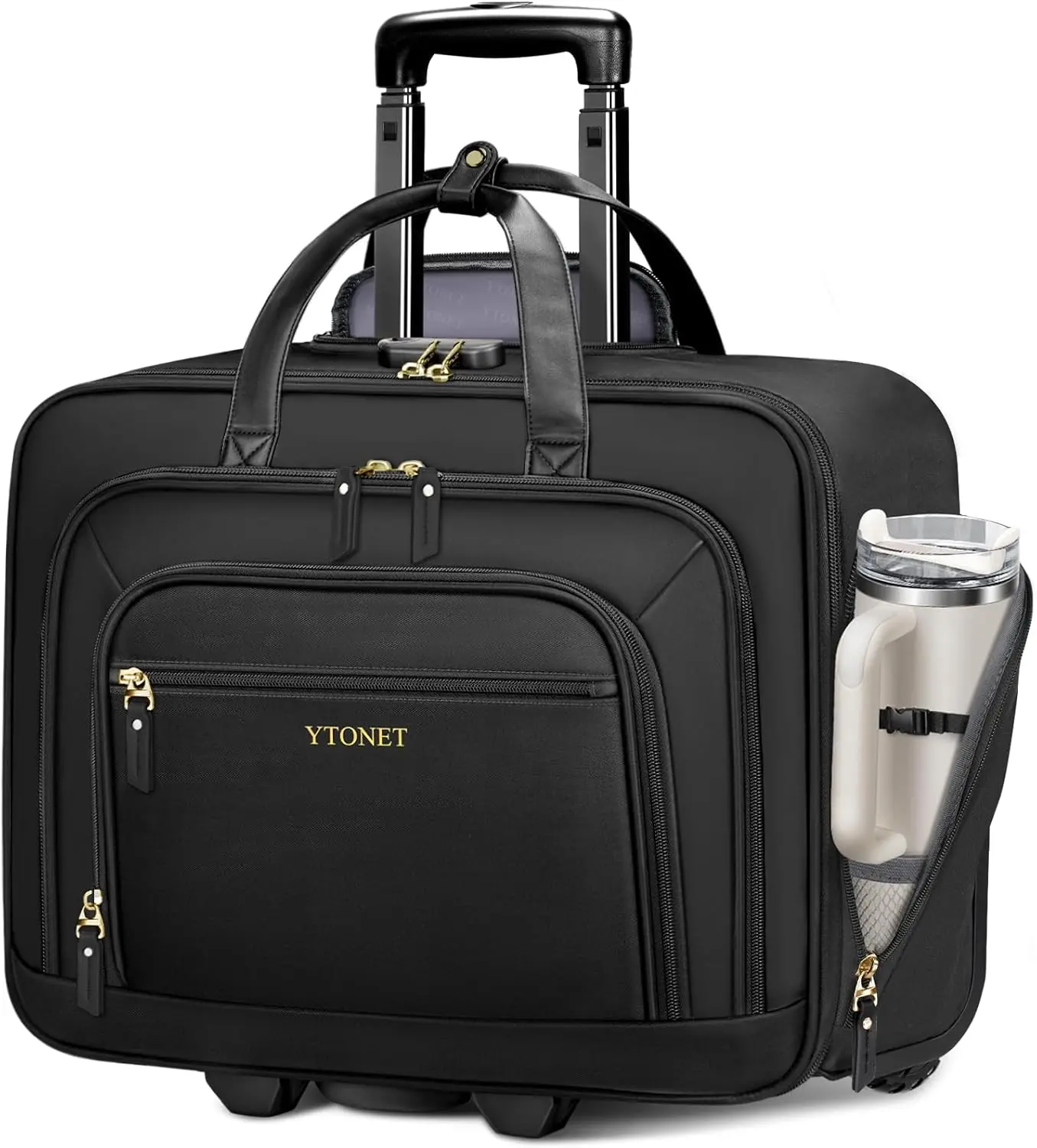 Ytonet Rolling Laptop Bag, 17.3 Inch Laptop Briefcase for Women, Wheeled Work Bag with Cup Holder, Waterproof Pocket & Lock, Lightweight Carry On Business Travel Luggage for Office, Teacher and Commute