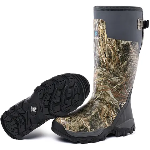 Trudave Men's Hunting Boots - Waterproof Rubber/EVA Slip-On with Buckle, 5mm Neoprene Camo Insulated, Anti-Slip Sole, Steel Shank, Sweat-Dry Mesh, Breathable All-Seasons Car Wash-Friendly Footwear (Sizes 5-14)