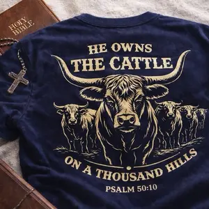 Christian Western T-Shirt | Psalm 50:10 “He Owns The Cattle” Tee | Faith Based Country Shirt | Rustic Ranch Graphic Tee