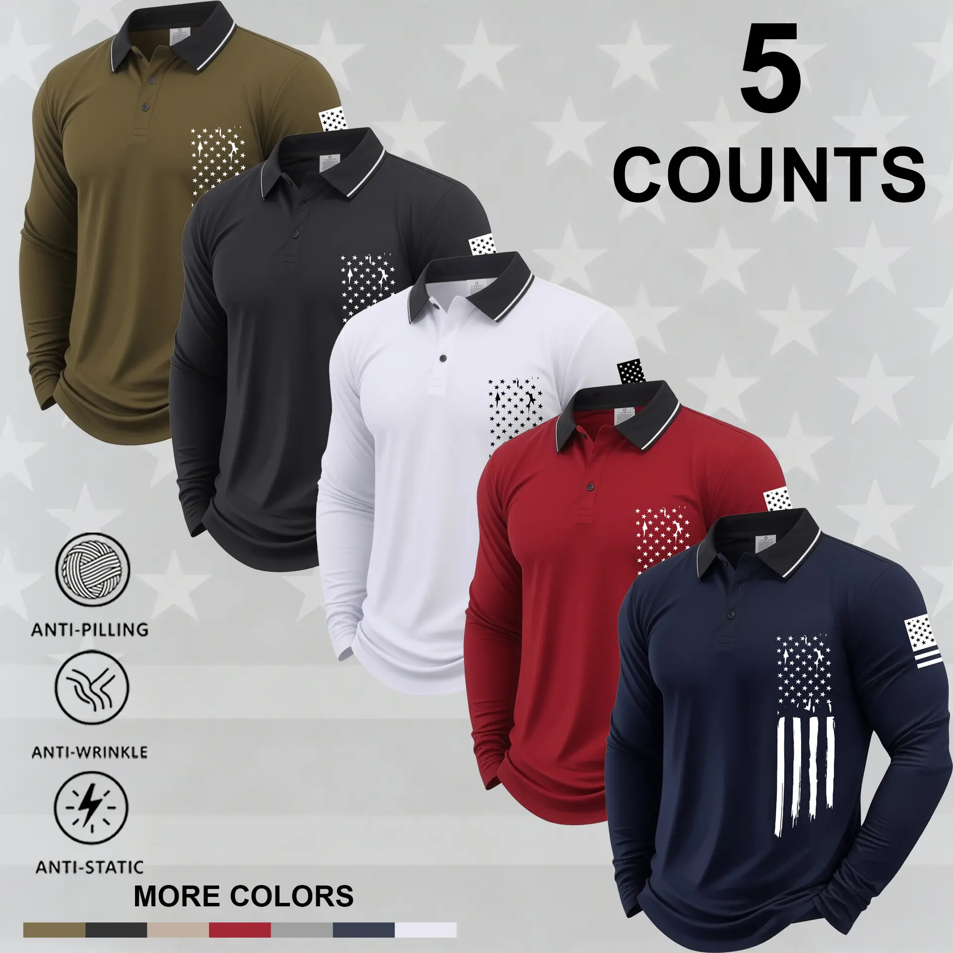 5-pack long-sleeved POLO shirt lapel T-shirt spring and autumn simple retro casual men's wear daily outdoor sports light business outdoor running wear tops