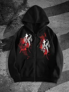 Dark Gothic Thorn Star Print Zipper Hoodie, High Street Subculture Loose Fit Unisex Jacket, Fall & Winter Street Style