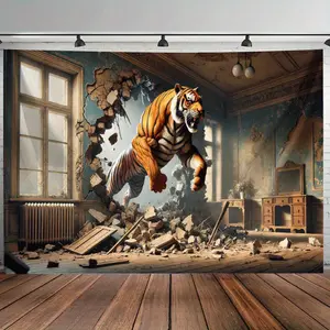 3D Tiger Bursting Through Wall Tapestry - Abandoned Room & Office Building Background, Peach Light Beige Fabric Wall Hanging for Living Room, Bedroom, Dorm, Party Decor - No Electricity Needed, Festive Gift, Home Decoration, Dramatic 、Detai