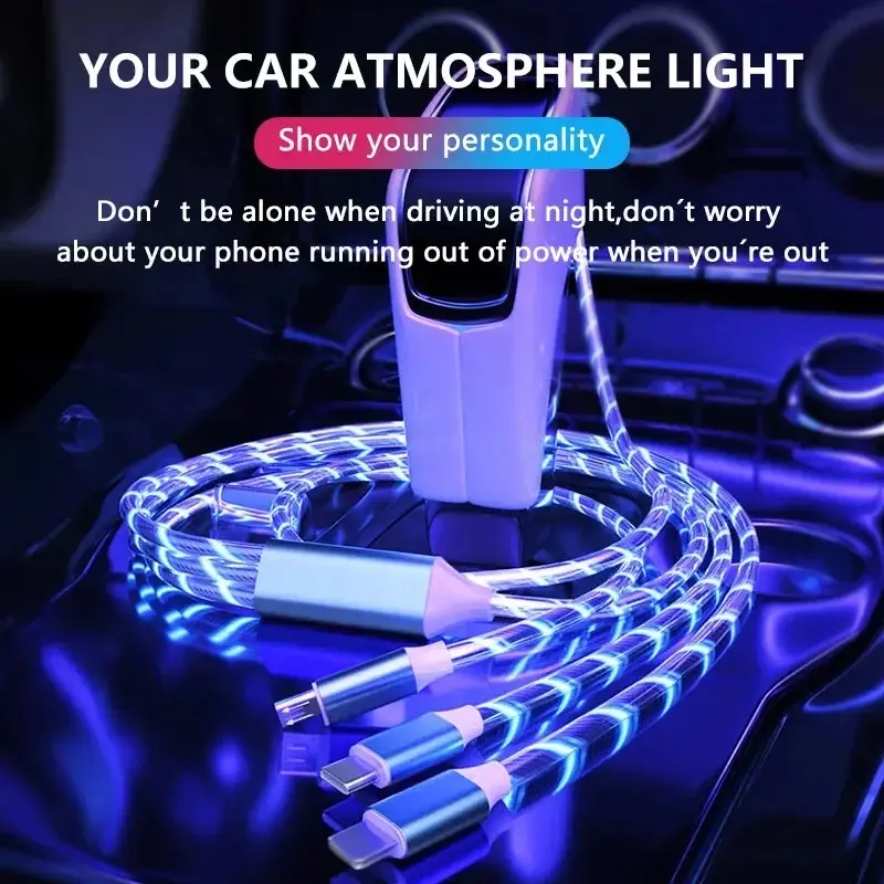 Multifunctional 3-in-1 LED Lighting Charging Cable, High Speed Quick Charge, 1 Piece Flexible & Safe Multi Charger Cable, Micro USB Type-C Lightning Charging Cable, 3 In 1 Phone Charging Data Cable, Phone Accessaries for Apple Android Smartphone Devices.