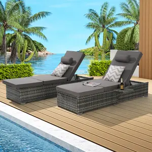 Outdoor Chaise Lounge Chair Set of 2 with Storage Patio Pool Chairs Tanning Lounges for Outside,Beach Rattan Recliners with Adjustable Backrest, Table, Cushion for Poolside Backyard Garden