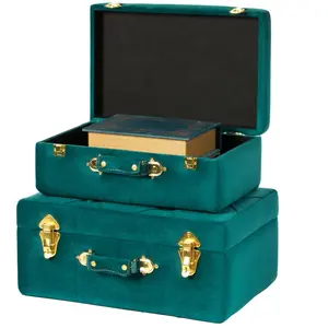 Vintiquewise Durable Wooden Home Organizer Set of 2 - Stackable Storage Chests, Modern Rectangle Green Tufted Velvet Decorative Suitcase (8.25x19x13 in, QI003982-GN), Wooden Box, Durable Wooden Box