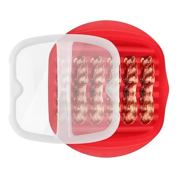 Microwavable Bacon Grill Pan with Transparent Vented Lid, No-Mess Kitchen Tray for Crispy Pork Belly Prep in Minutes, Durable Material for Pizza Rolls, Healthy Bite