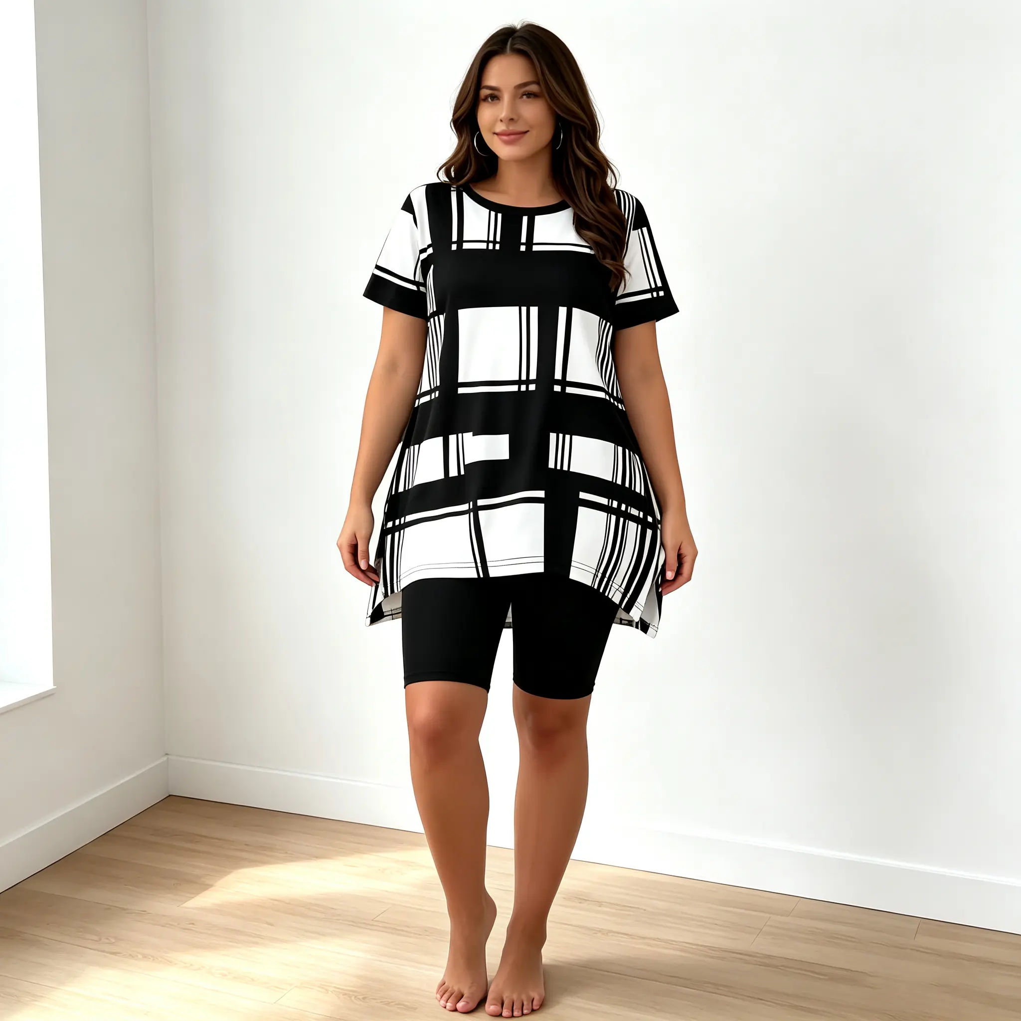 Plus Size 2-Piece Outfit, Geometric Color Block Print Short-Sleeve Longline Tunic Top and Biker Shorts, Comfortable Stretchy Loungewear, Shortsleeve, Everyday, Plaid, Style campingessentials