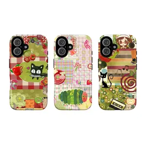 Retro Cartoon Patchwork Phone Case for iPhone & Samsung | Kawaii Cat, Caterpillar, Music Tape Soft Cover | All Models Supported