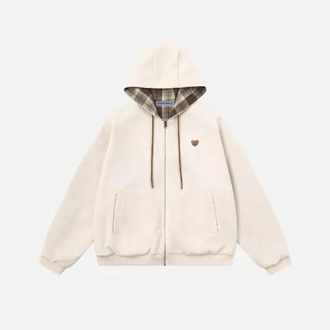Aelfric Eden Boxy Reversible Plaid Zip Up Hoodie Boxy Oversized Fit Reversible Design Plaid Lined Hood & Drawstrings Soft Knit Fabric Retro Streetwear Unisex Outerwear