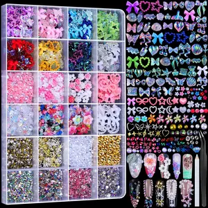 24 Grid Nail Charms Set – 3D Nail Art Kit with Rhinestones, Pearls & Flower Charms | AB Flatback Gems, Gold Nail Pearls, Colorful Hawaii Nail Jewels for DIY Manicure & Crafts