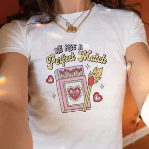 We Are Perfect Match Vintage Baby Tee, Coquette Matchbox Valentine Baby Tee, Funny Galetine's Day Saying Y2K Top, 90s Soft Girl Trip Outfits