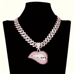 Hip Hop Shiny Lip Pendant With Ice Cuban Chain Miami Necklace Men's And Women's Hip Hop Pendant Necklace