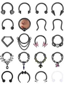 Cool 20 Pcs Black Stylish Septum Rings Fashionable Surgical Steel Copper Acrylic Nose Rings Hoops for Women Men 16G Septum Clicker Helix Piercing Dangle CZ Heart Butterfly Chain Septum Rings Horseshoe Septum Daith Piercing Jewelry Set