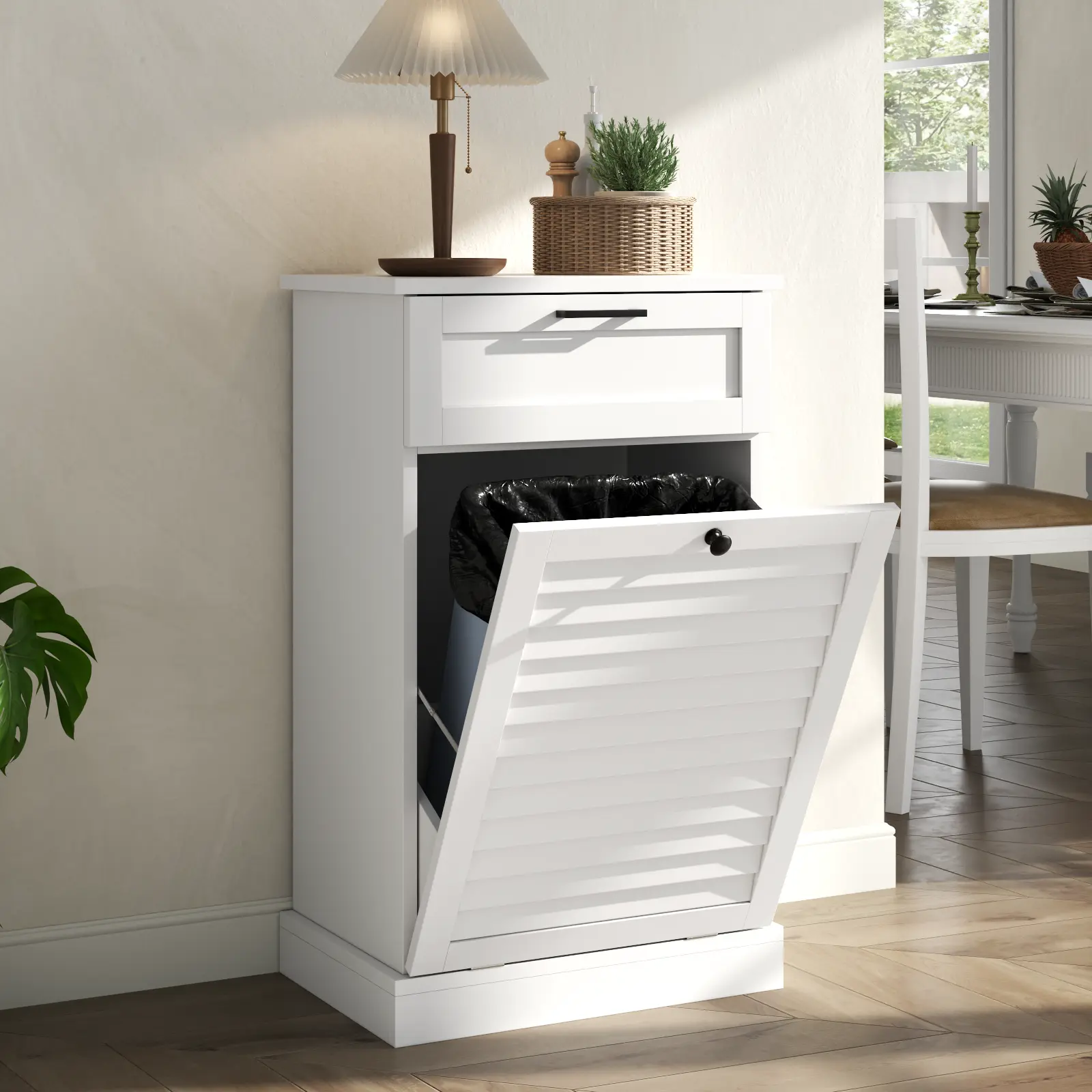 Gyfimoie 10 Gallon Trash Can Cabinet with Shutter Front & Drawer, Hidden Garbage Can Bin Cabinets with Laundry Storage Basket