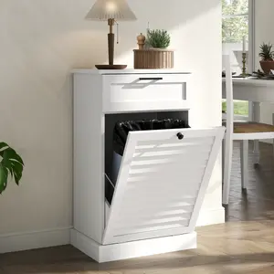 10 Gallon Trash Can Cabinet with Shutter Front & Drawer, Hidden Garbage Can Bin Cabinets with Laundry Storage Basket