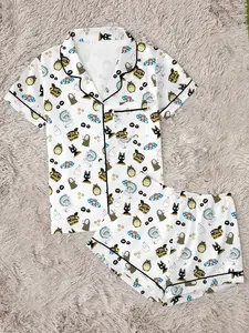 Healing Forest Spirit，Coastal Girl & Fish，Magical Girl & Black Cat，Mysterious Faceless Deity ，Women's Pajama Set, Comfortable Two-Piece Sleepwear, Short Sleeve Button-Up Top & Elastic Shorts, Casual Home Wear, Party Gift