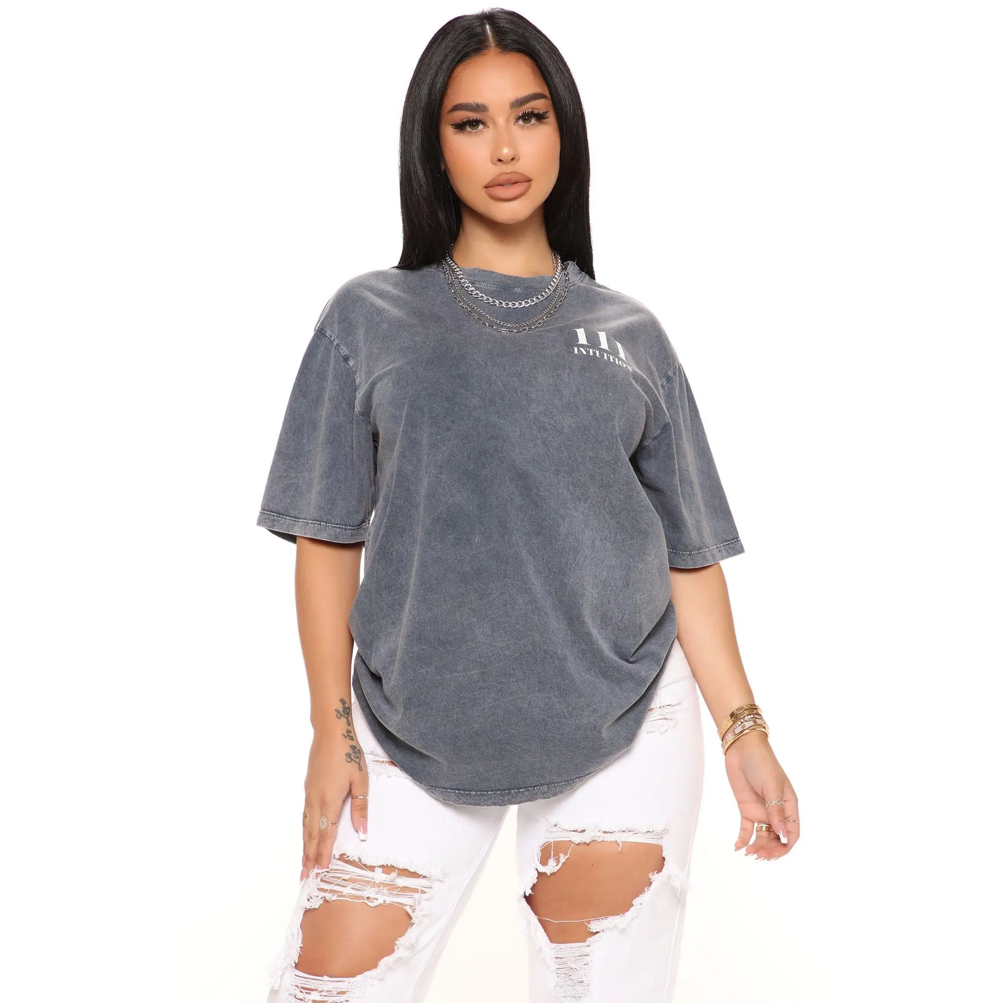 111 Angel Number Tunic Top - Grey/combo