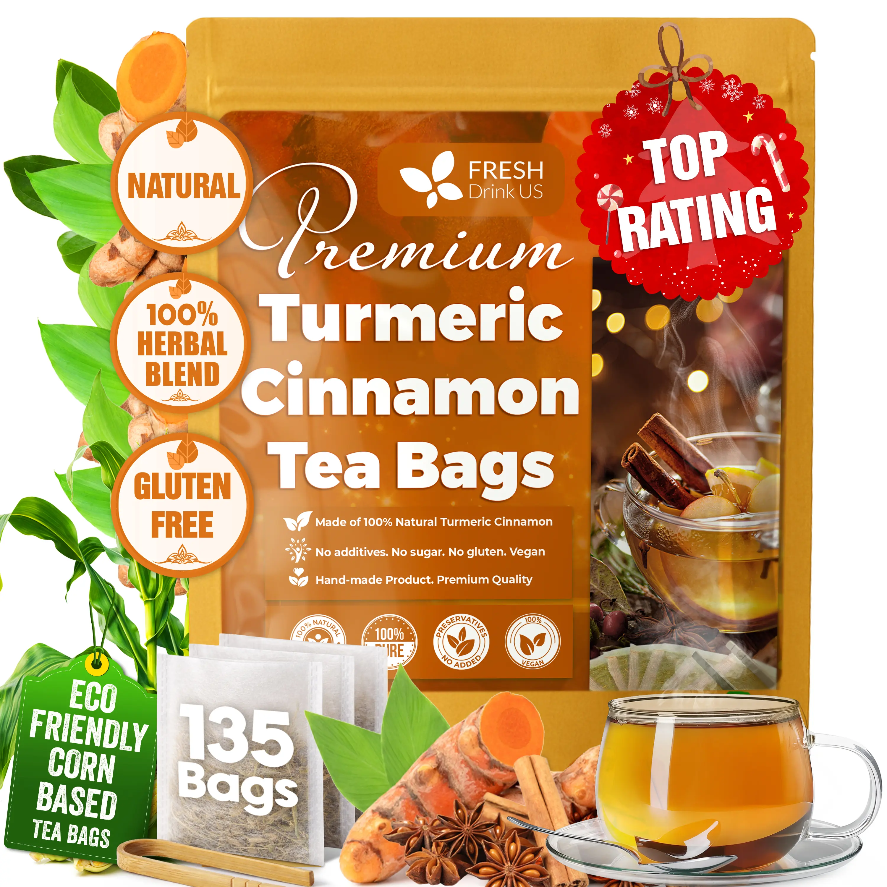 【FreshDrinkUS】 Premium 135 Turmeric Cinnamon Tea Bags, 100% Natural, Blend of Turmeric, and Cinnamon. Made with Natural Material Tea Bags. No Sugar. No Caffeine. Vegan.