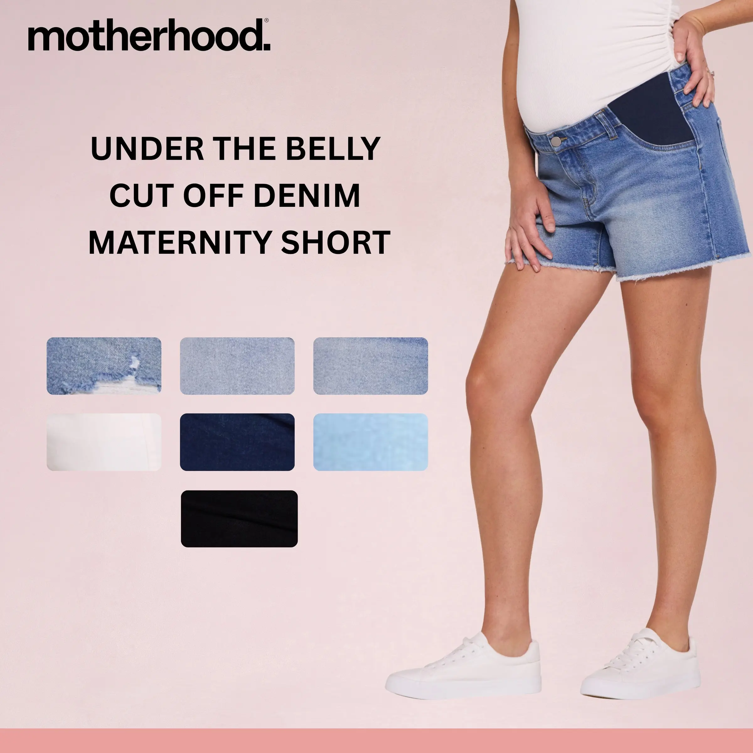 Under the Belly Cut Off Denim Maternity Short - Casual Above the Knee Elastic Waistband Bottoms for Women