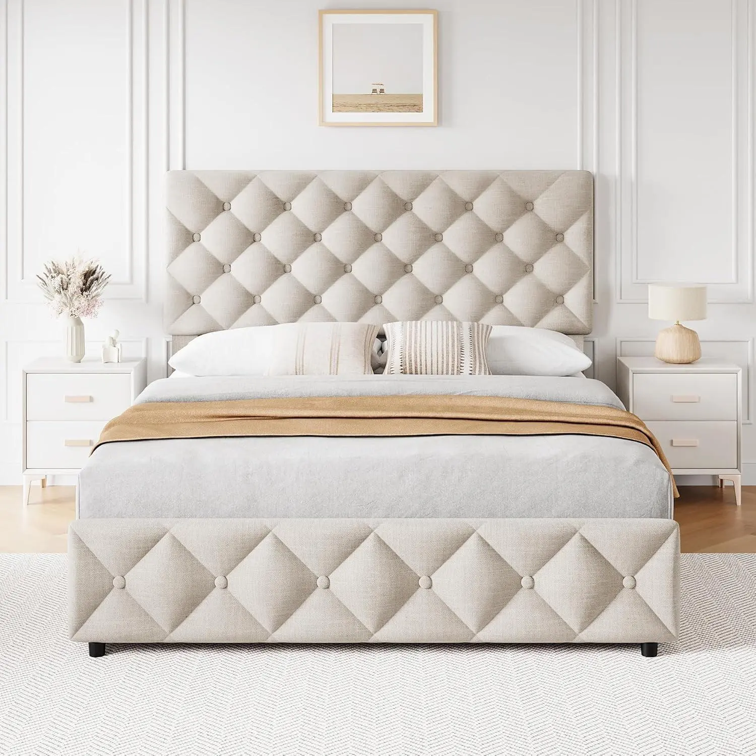 Gaomon Beige Queen Size Linen Fabric Wood-Metal Platform Bed Frame - Sturdy Bed Frame, 4 Storage Drawers, Adjustable Headboard, Diamond Stitched Button Tufted, Easy Setup, No Box Spring Needed, Assembly Required, Wood Platform Bed