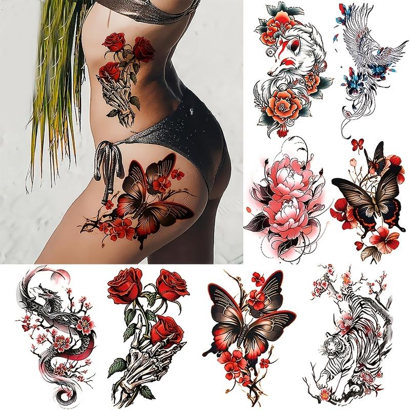 Adults' 8-Sheet Casual Fake Tattoo Sheet Stickers Set - Colorful Prints Waterproof Temporary Tattoos That Apply Temporarily, Normal Styling Option with Tiger, Butterfly, Fox, Flower Designs for Body, Arm Use