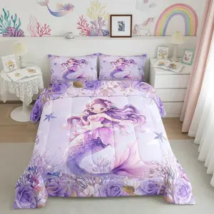 Cute Mermaid Girl Comforter Set,Dreamy Undersea Mermaid Bedding Set,Cartoon Starfish Sealife Bedding Home Decor Purple Flowers Comforter Quilted Duvet Set