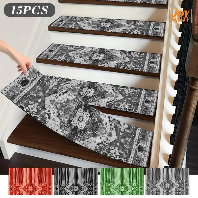 Joyfinity 15pcs Antislip Abstract Black Stair Pads - No-Slide Carpet Stair Treads, Easy-to-Clean Indoor Floor Rug Runner for Elders (8*30in), Abstract Stair Pads