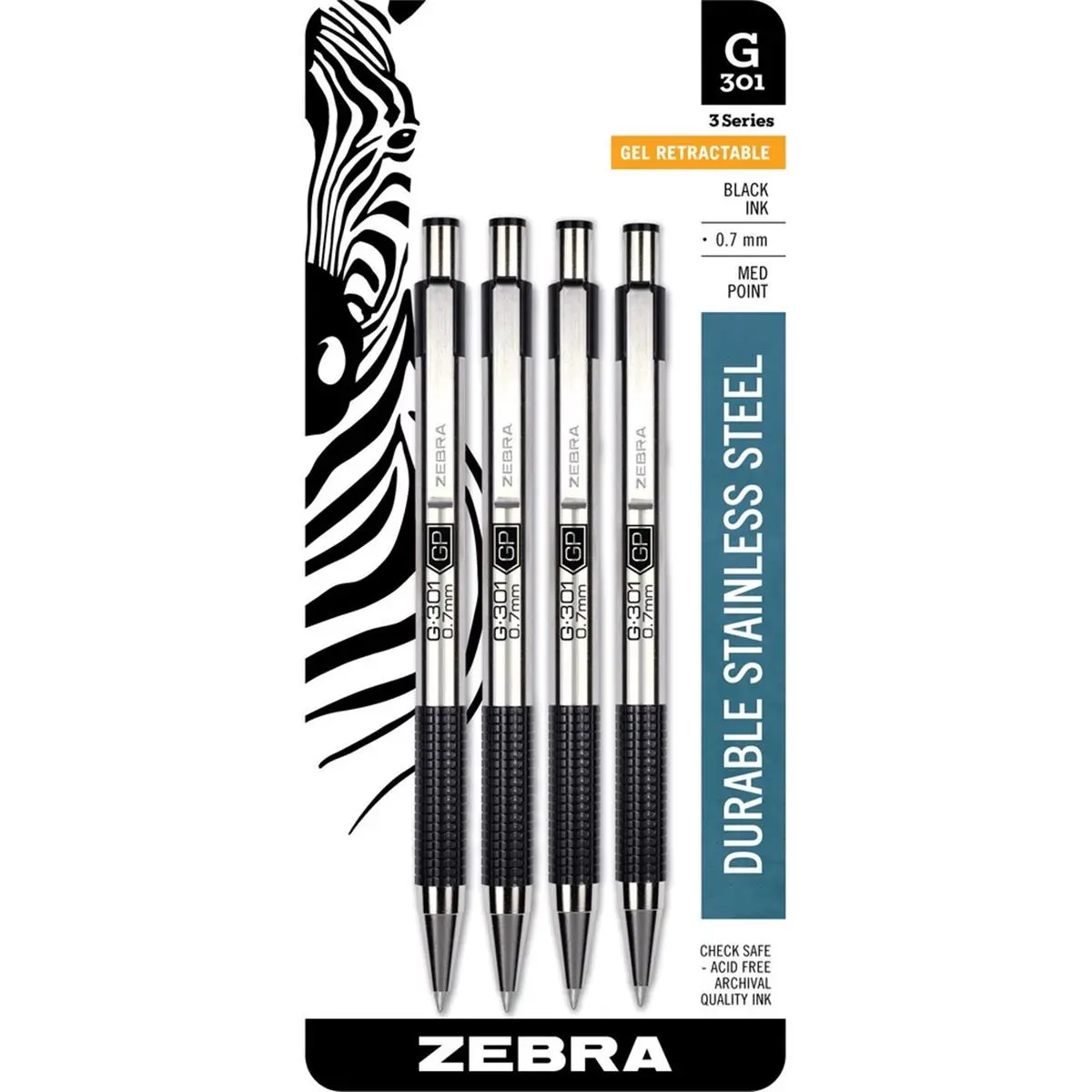 Zebra Retractable Gel Ink Pen, 0.7 mm Tip, Office Writing Tool - Pack of 4