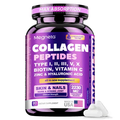 Magneta Edible 5-Type Collagen Peptides Complex (2200mg) - Hydrolyzed Types I,II,III,V,X, HA+VC+Zinc, Hyaluronic Acid, Vitamin C, Zinc, US-Made Dietary Supplement for Skin & Nails, Joints (90 Capsules Bottle)