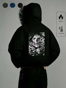 Gothic Skull Print Hooded Sweatshirt, Unisex Dark Style Fur Collar Zipper Coat, American Streetwear Fuzzy Hat Design, Skateboarding Trendy