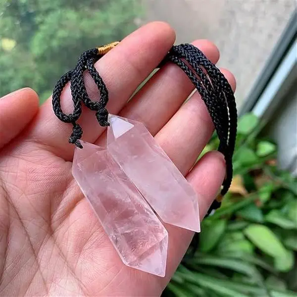 Natural Rose Quartz Hexagon Point Spiritual Pendant Necklace, Adjustable Cord Chakra Natural Crystal Amulet, Daily Wear Jewelry for Him/Her Gift