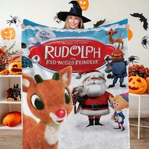 Christmas blanket -Rudolph Red-Nosed Reindeer Printed Wool Blanket, Four Seasons Home Decoration, Multi-Functional Office Sofa Cushion, Christmas Gift, Friend's Birthday Gift, Mixed Colors, Polyester-Christmas gift