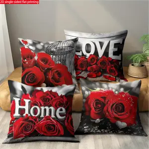 4pcs,2D Printed pillowcase, Home and kitchen supplies, bedding, home decor, Cushion Covers, and accessories, pillow covers, Valentine's Day theme, romantic red roses with love and home - inspired prints, elegant and charming pillow cover, Bedroom