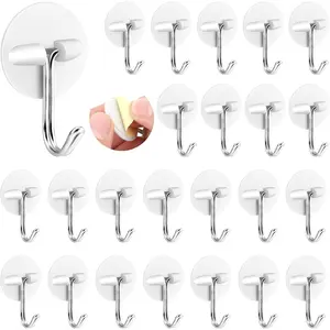 24pcs Round Plastic Hooks Ceiling Small Self Stick Hooks for Hanging Wall Hooks White Self Adhesive Hooks Seamless Self Sticky Hook Stainless Hooks Waterproof Oil Proof for Kitchen Hanging Utensils