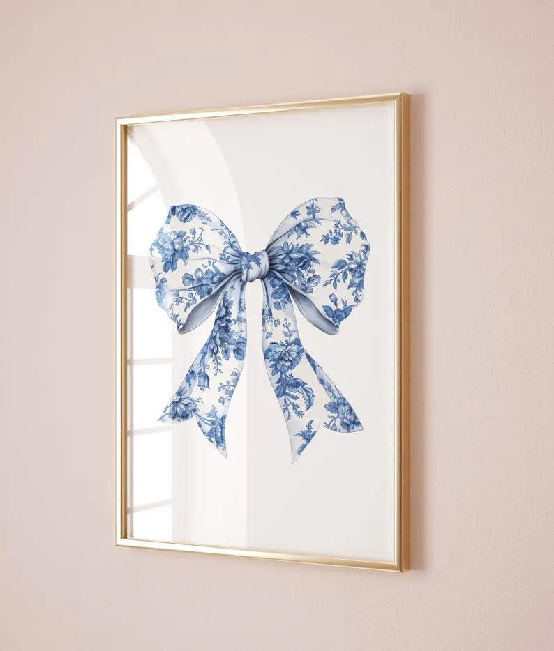 Artistic Chinoiserie Flower Graphic Wall Art - Navy Bow Nursery Print, Blue Floral Toile De Jouy Coquette Poster for Home Decor