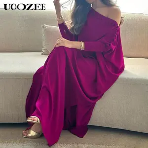 H-Line Loose Buttoned Solid Color Maxi Dresses Summer Long Sleeve