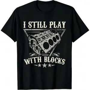 Menswear Oversize Seamless Cotton Fabric Retro Distressed Mechanic T-Shirt - I Still Play With Blocks Graphic Tee, Casual Auto Repair Humor Wear, Ideal Gift For Car Enthusiasts PLK0174