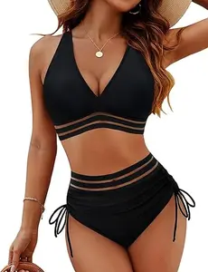 Blooming Jelly Women High Waisted Bikini Sets Tummy Control Swimsuits Color Block Two Piece Drawstring Bathing Suit