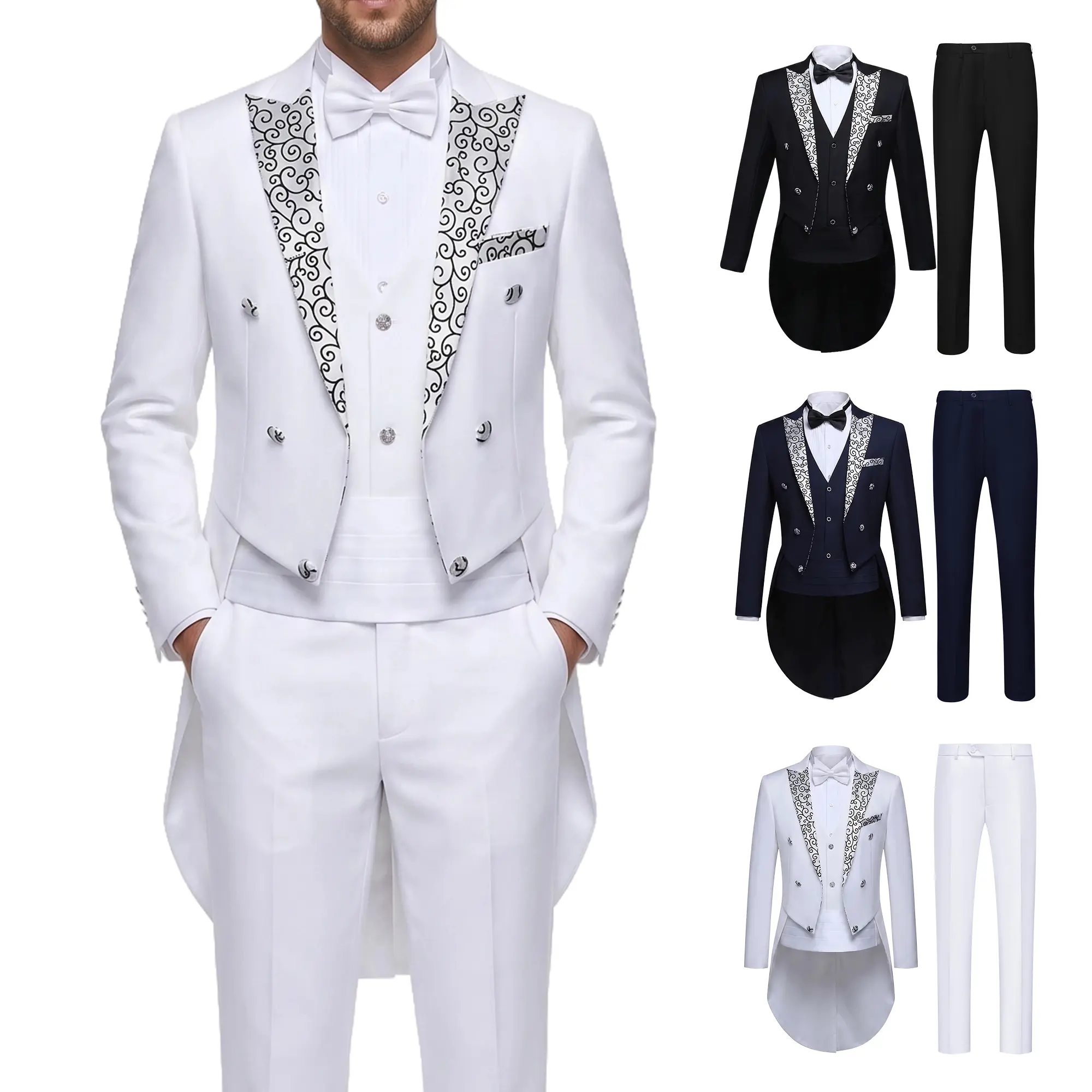 Men’s Fitted Tuxedo Suit Set - Double-Breasted Tailcoat Blazer with Embroidered Lapel, Business & Party Formal Outfit, Cold Wash, All Seasons Wear