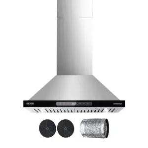 VEVOR Wall Mount Range Hood, 36 inch Chimney-Style Ceiling Mount Vent, 800 CFM Stainless Steel Kitchen Stove Hood with Gesture Touch Control, LED Light, Baffle Filters, Ducted/Ductless Convertible