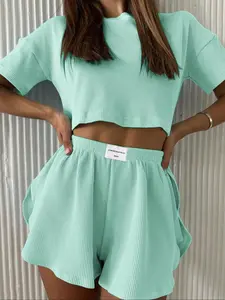 Women's Solid Crop Top & Shorts Loungewear, Casual Comfy Round Neck Short Sleeve Tee & Shorts Pj Set, Ladies Sleepwear for Summer, Pajama, Womenswear, Nightwear Loungewear Set