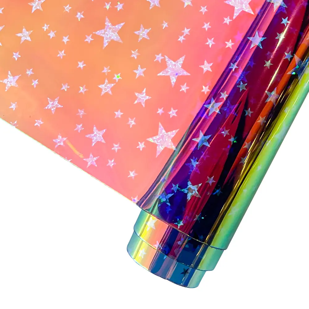 0.4mm Translucent Holographic Rainbow Stars TPU Fabric Roll - Easy Cut/Sew Artificial Leather for DIY Handbags, Holiday Decorations & Handmade Projects